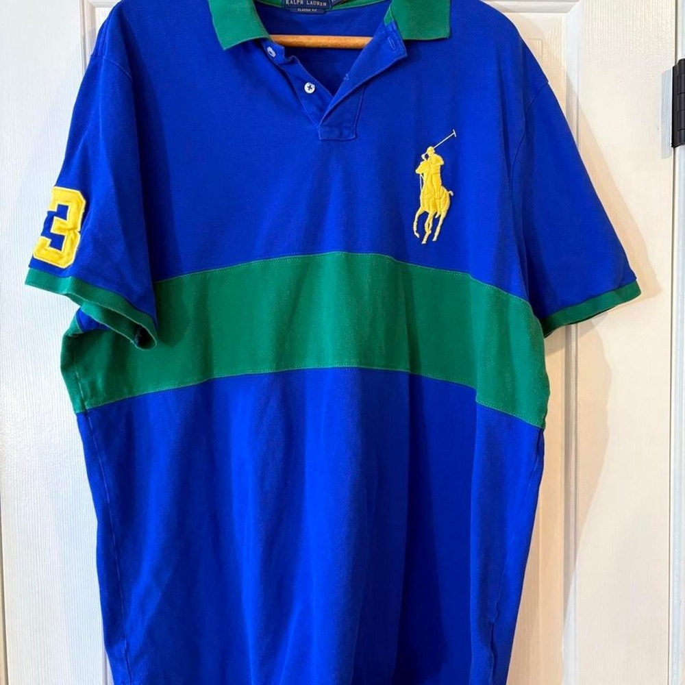 Polo Ralph Lauren Mens 2XL Classic Fit Colorblock Big Pony Polo Blue Green